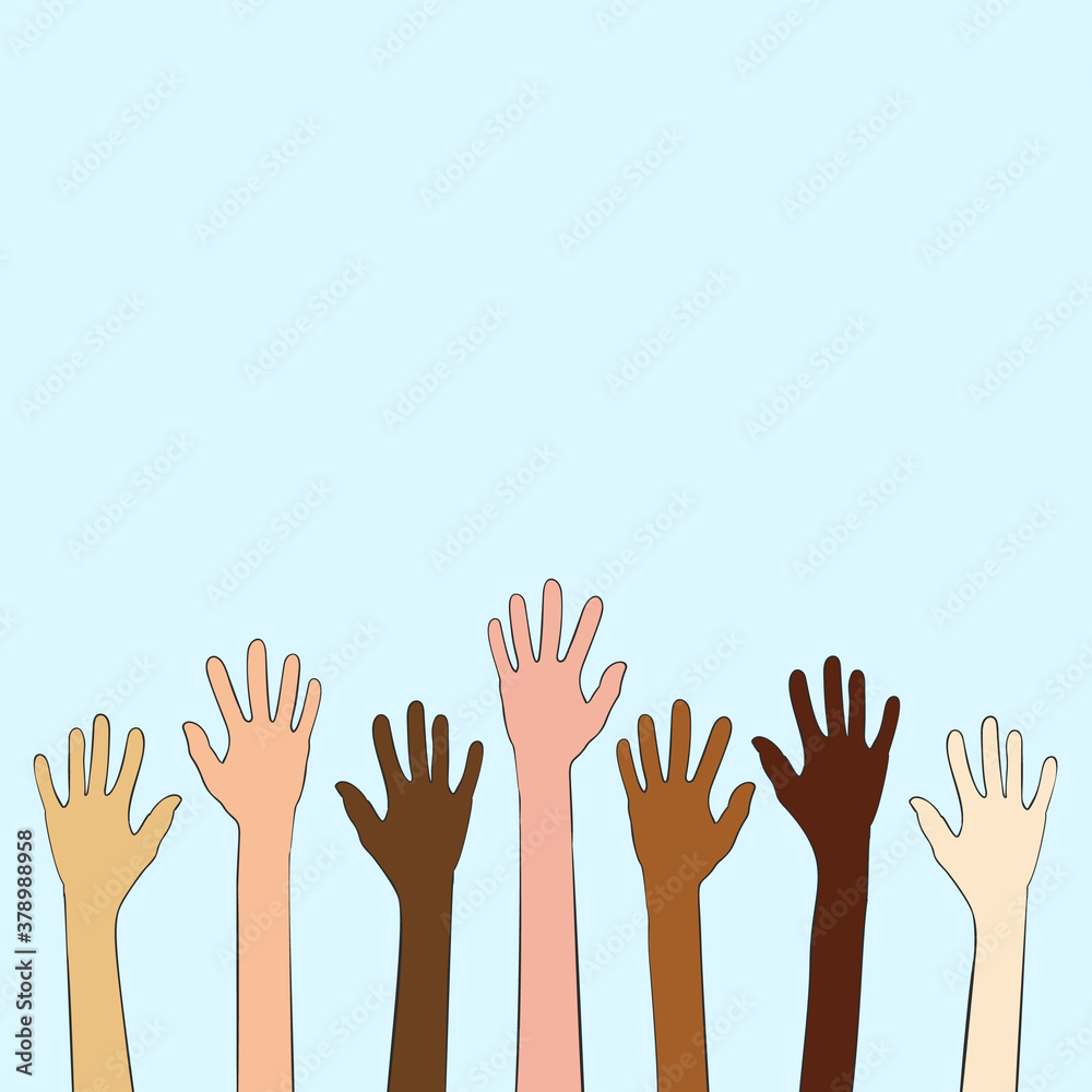 Many hands of different skin tone are raised up on blue sky background. Vector illustration hand drawn outline with color