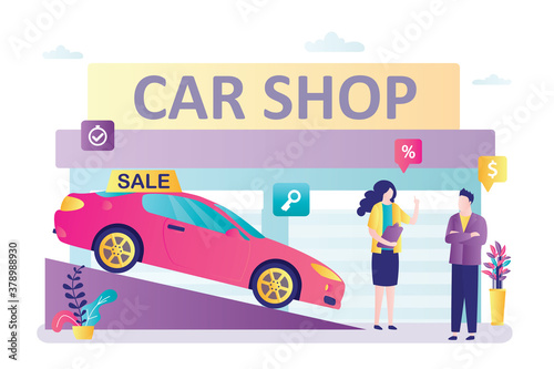 Man buys new car in showroom. Female salesman sells automobile for customer. Business woman communicates with the client