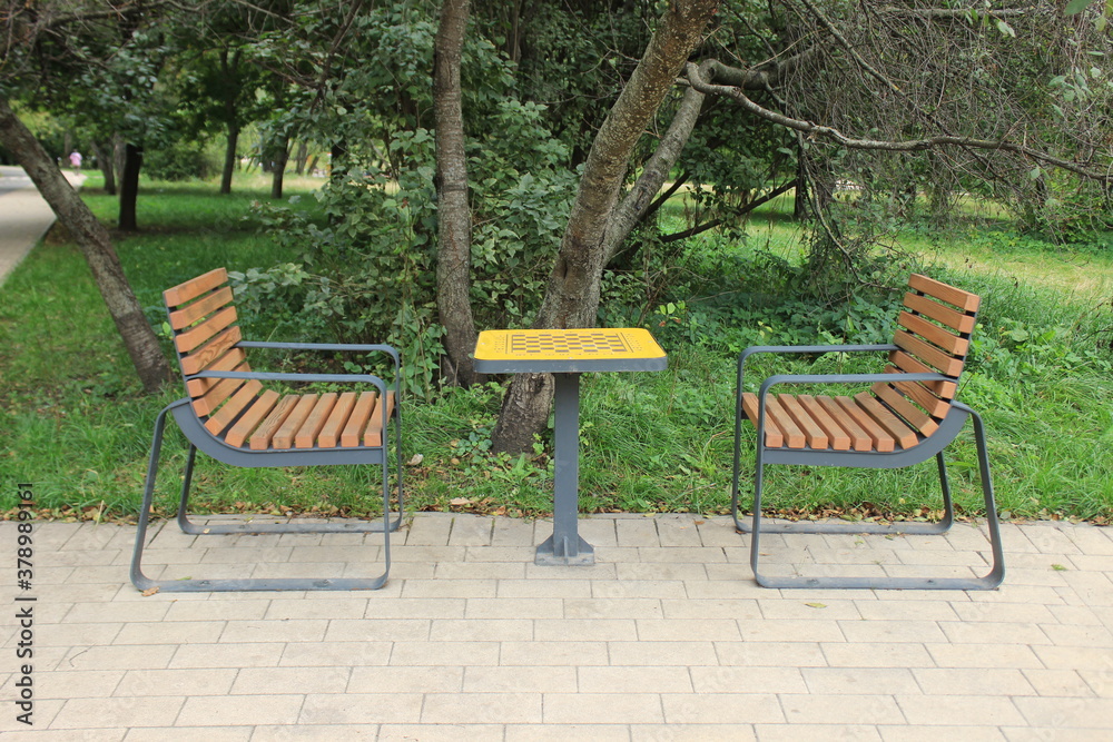 A table for playing chess in a city park. Moscow. Russia.