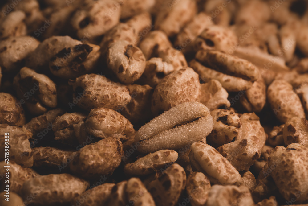 Macro close up of inflated wheat cereal, selective focus Macro close up of inflated wheat cereal, selective focus