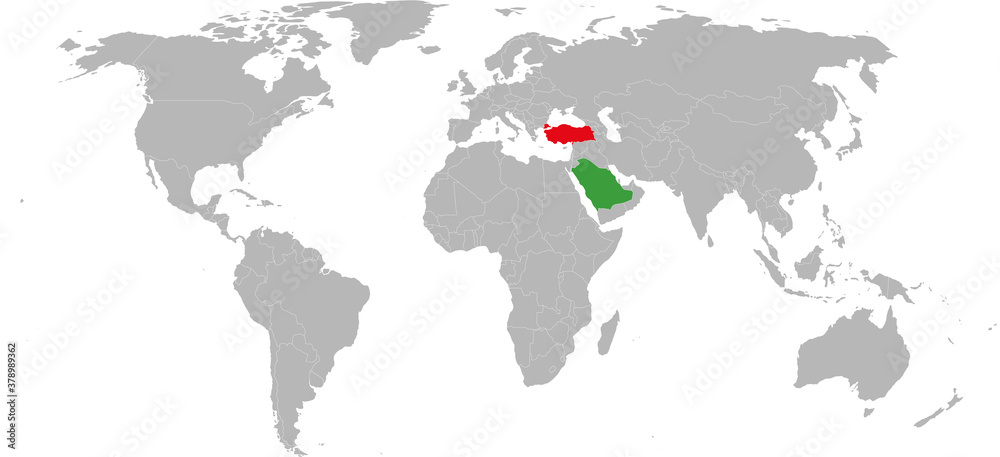 Turkey, Saudi Arabia countries isolated on world map. Gray background. Business concepts and Backgrounds.