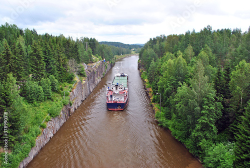 Ship in the bed of the Saimaa Canal, Finland