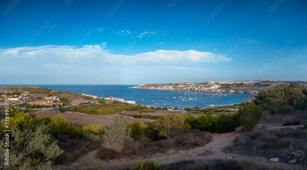View looking down on Mellieha Bay  in Malta