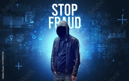 Faceless man with STOP FRAUD inscription  online security concept