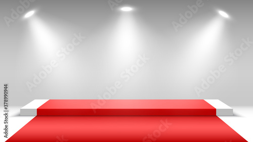 White podium with red carpet and spotlights. Blank pedestal. Stage for awards ceremony. Vector illustration.