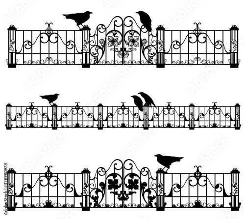 set of antique style iron fence and gate with sitting raven birds - halloween theme black and white vector design set