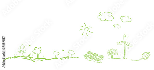 Erneuerbare Energien Energie Solar Windenergie Landschaft Panorama Haus Dorf Band Banner