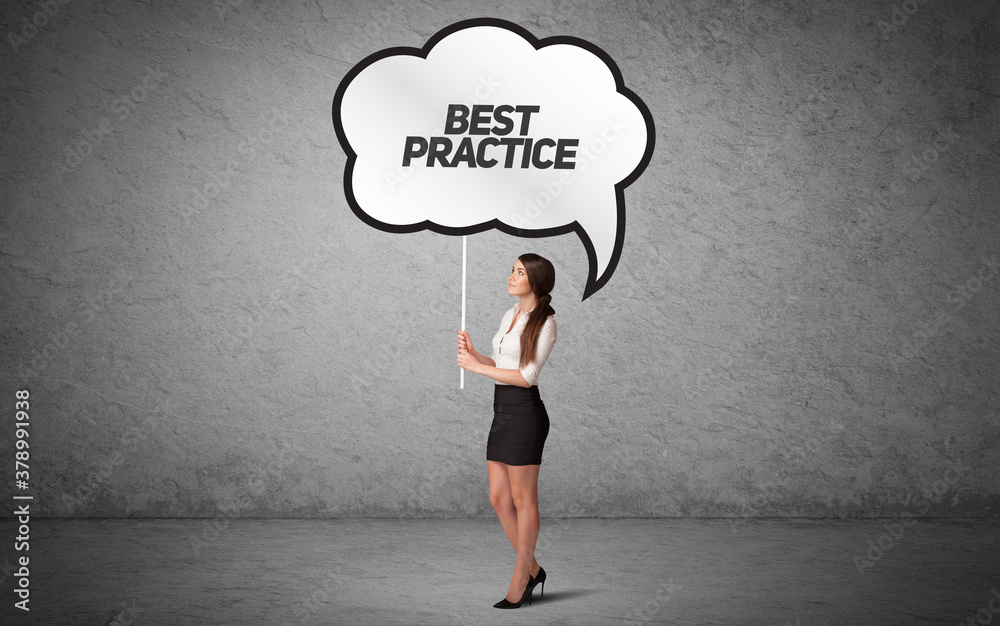 Young business person in casual holding road sign with BEST PRACTICE inscription, new business idea concept Young business person in casual holding road sign with BEST PRACTICE inscription, new business idea concept