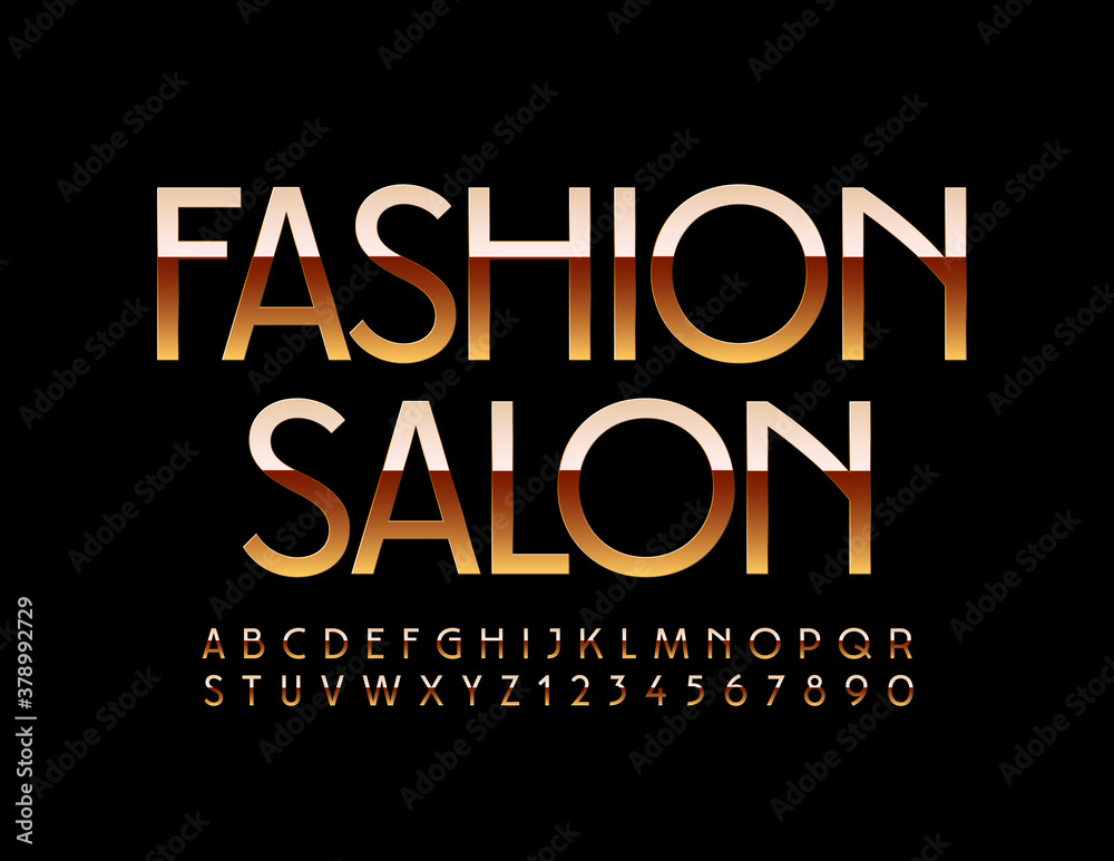 Vector chic emblem Fashion Salon. Elegant shiny Font. Gold elite Alphabet Letters and Numbers set