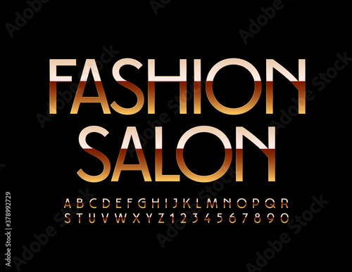 Vector chic emblem Fashion Salon. Elegant shiny Font. Gold elite Alphabet Letters and Numbers set