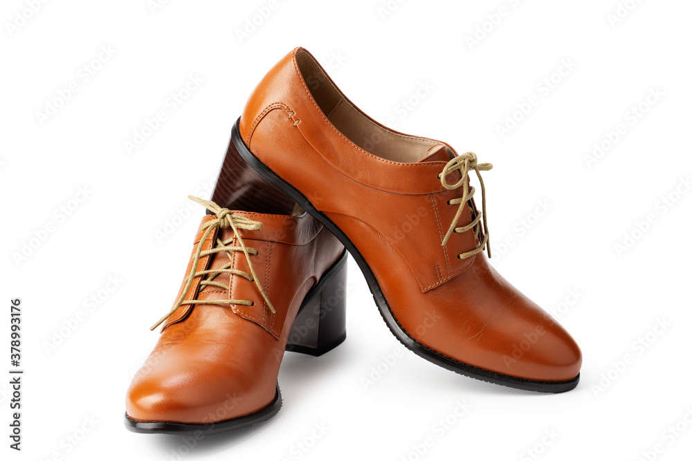 women's brown high-heeled shoes with laces, isolate on a white background women's brown high-heeled shoes with laces, isolate on a white background