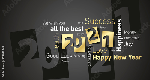 Happy New Year 2021 negative space word cloud text gold white black vector banner