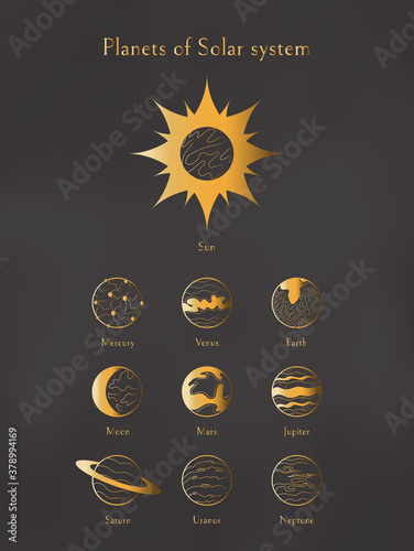 Planets of solar system vintage poster. Sun, Mercury, Venus, Earth,Moon, Mars, Jupiter, Saturn, Uranus, Neptune isolated set. Vector illustration in outline style with golden gradient. Icon, logotype