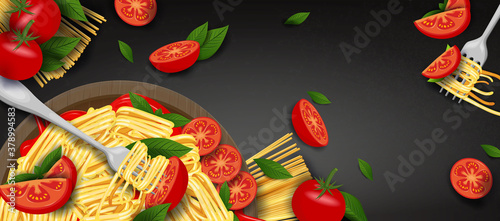 Pasta and a fork with basil and sauce. Spaghetti. Organic meal. Traditional italian food. Natural eating. Cooking lunch. Concept Macaroni design. Pasta on a plate with a fork and sauce. 