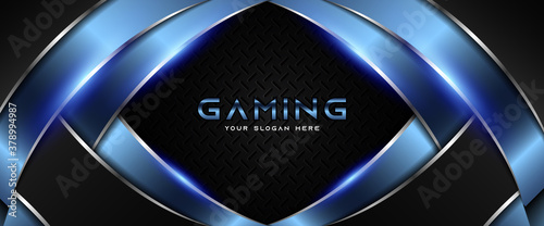 Futuristic blue and black abstract gaming banner design with metal technology concept. Vector illustration for business corporate promotion, game header social media, live streaming background