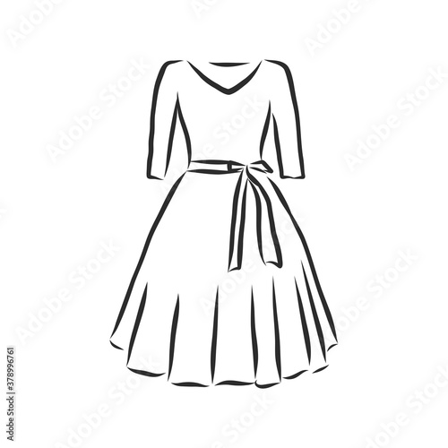 Sketches collection of women s dresses. Hand drawn vector illustration. Black outline drawing isolated on white background women s dress  vector sketch illustration