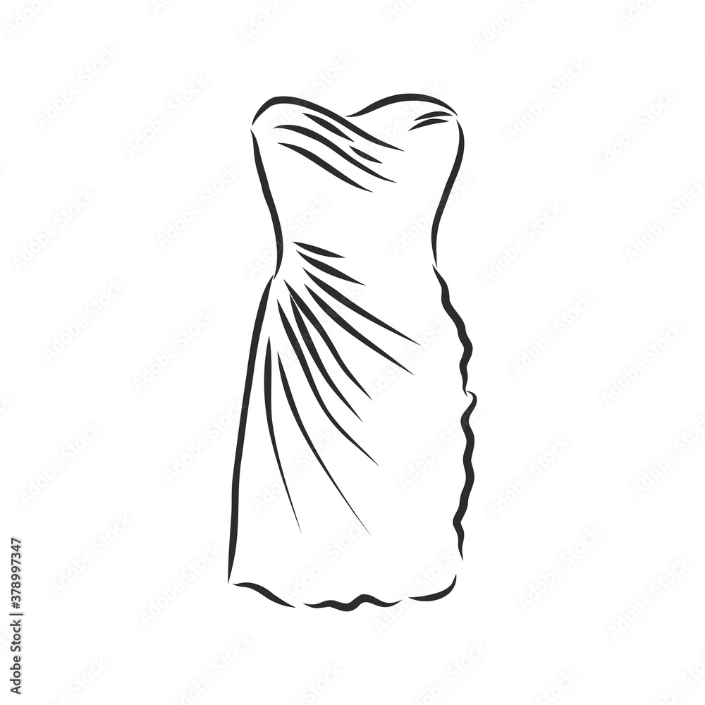 Sketches collection of women's dresses. Hand drawn vector illustration. Black outline drawing isolated on white background women's dress, vector sketch illustration