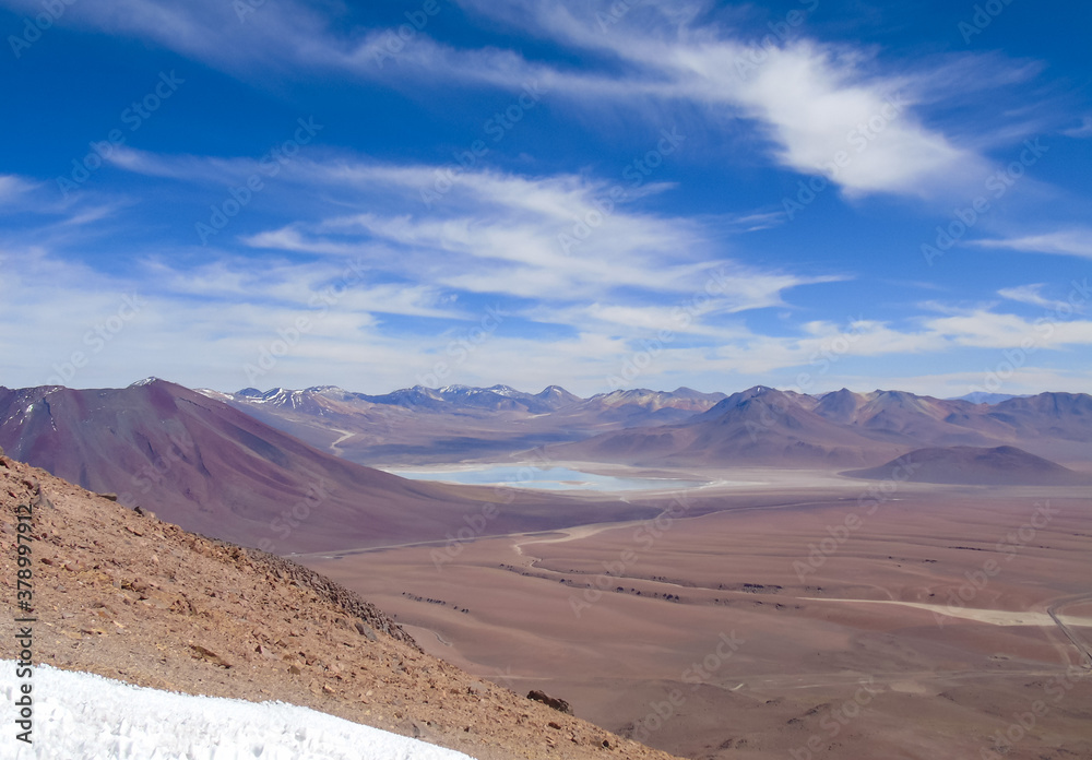 View of Laguna Blanca in Bolivia from the top of Cerro Toco in the Atacama Desert in Chile
