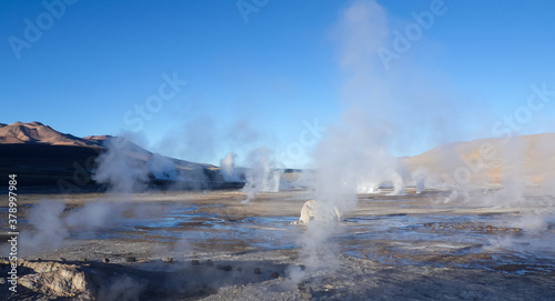 El Tatio Geyser during sunrise. The geyser is located in the Atacama Desert in the north of Chile.