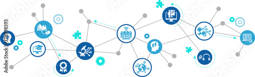 Online learning in higher education vector illustration. Concept with icons related to e-learning, digital university course, remote lesson, webinar, streaming college class, teaching via internet.