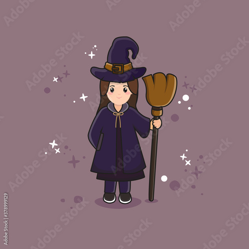 halloween witch with a broom. cute witch character vector design. beautiful witch holding broom with flat cartoon style.