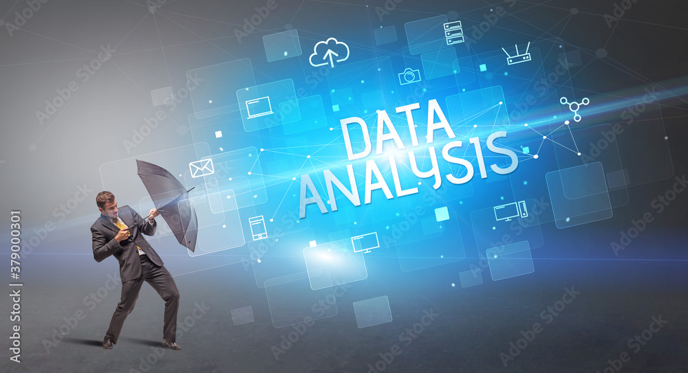 Businessman defending with umbrella from cyber attack and DATA ANALYSIS inscription, online security concept Businessman defending with umbrella from cyber attack and DATA ANALYSIS inscription, online security concept