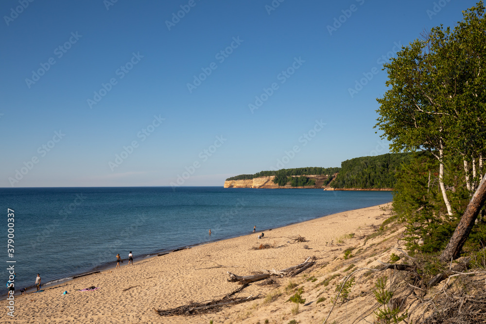 Lovers Leap Arch at Pictured Rock National Lakeshore  Michigan, view from beach. Lake Superior and beach.