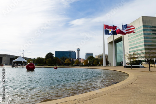 Pond and Flags on Akard Plaza of Dallas photo