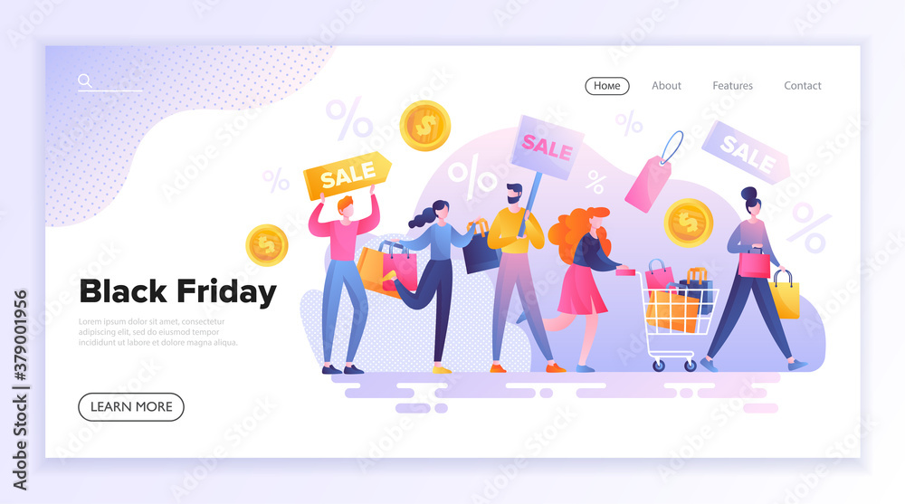 Black Friday shopping and sale concept with a line of people with purchases and sale signs in a web page template, colored flat vector illustration