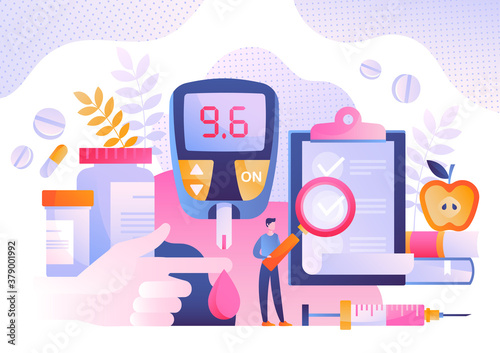Diabetes concept showing raised blood glucose levels on a glucometer with assorted treatments and food, hypodermic and man doing research, colored vector illustration