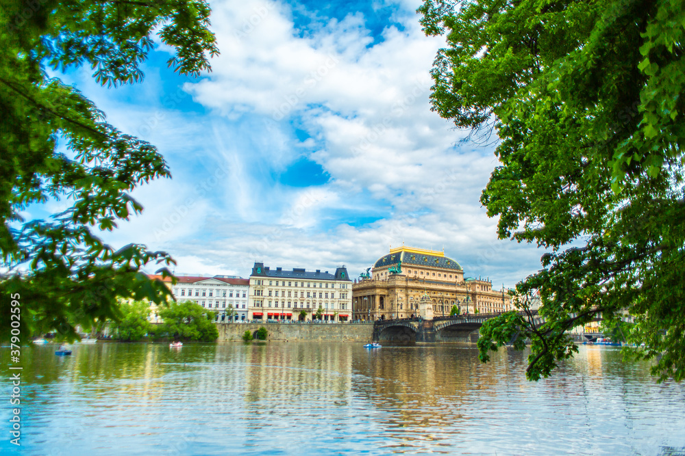 View of the National Theater Building in Prague from the Vltava River. Architecture of Europe