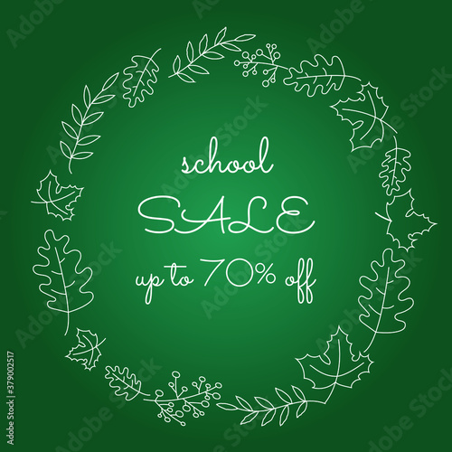 School sale banner with lettering on the blackboard. Vector illustration. Chalkboard with advertisement message. New school year. Welcome back to school. Green blackboard with discount flyer