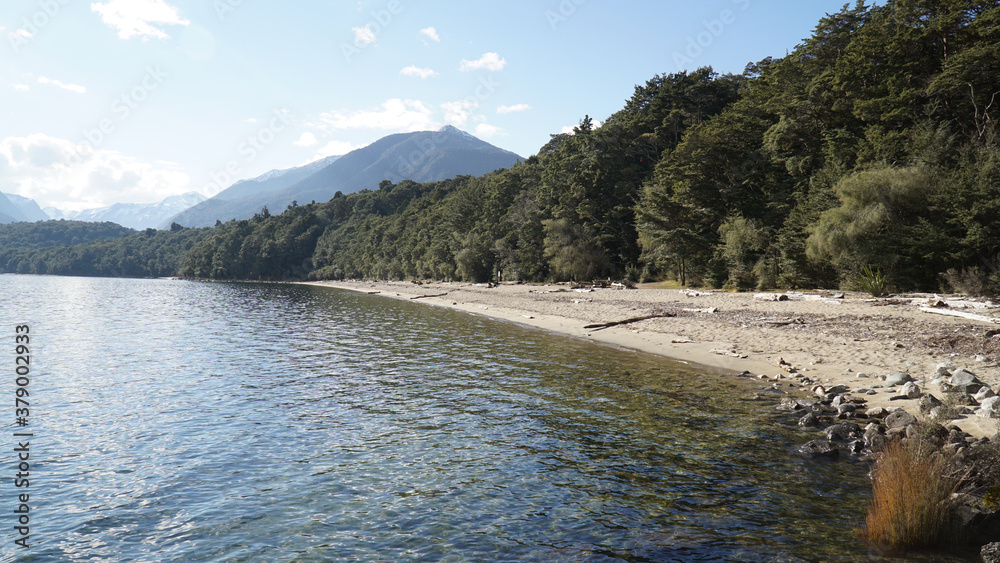 Lake and Mountain views at the Moturau Hut on the Kepler Track in Fiordland National Park near Te Anau, New Zealand.