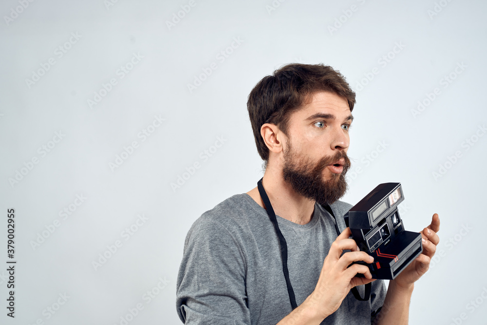 photographer with camera hobby technology studio lifestyle creative light background photographer with camera hobby technology studio lifestyle creative light background