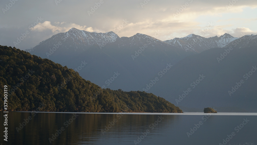 Lake and Mountain views at the Moturau Hut on the Kepler Track in Fiordland National Park near Te Anau, New Zealand.