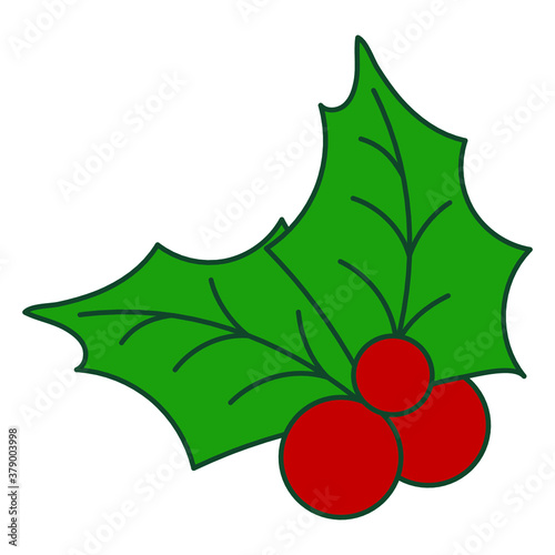 Christmas New Year red holly berry illustration. Vintage winter holiday decoration design element isolated on white. Flat vector illustration for wallpaper template. Holly plant with berries