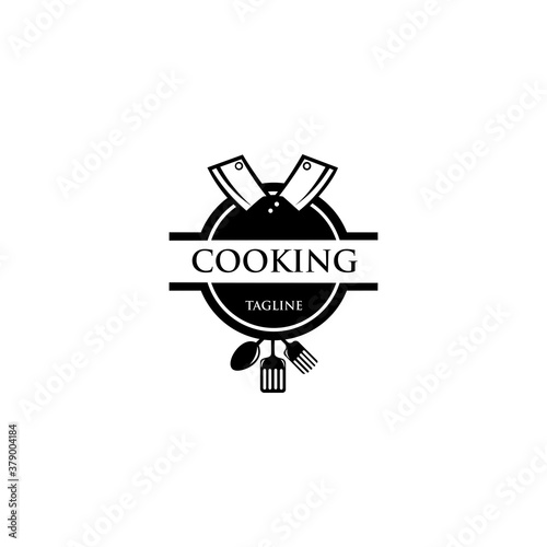 Cooking logo. Icon or symbol for design menu restaurant, cooking club, food studio or home cooking, Template logo with silhouette cutlery.