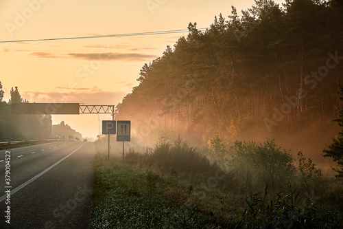 Freeway past the coniferous forest. Road signs are visible in the morning fog. White stripes on the asphalt road lead in sections. photo