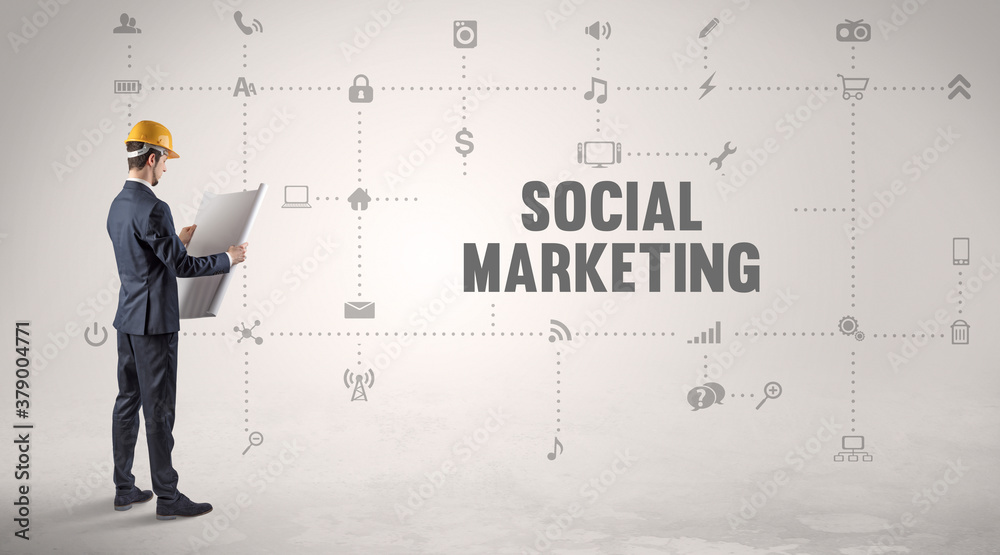 Engineer working on a new social media platform with SOCIAL MARKETING inscription concept Engineer working on a new social media platform with SOCIAL MARKETING inscription concept