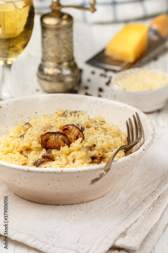 Risotto with porcini mushrooms, Parmesan cheese, Pecorino, onion, garlic, olive oil, dry white wine, freshly ground black pepper and aborio rice. Traditional dish of Mediterranean (Italian) cuisine