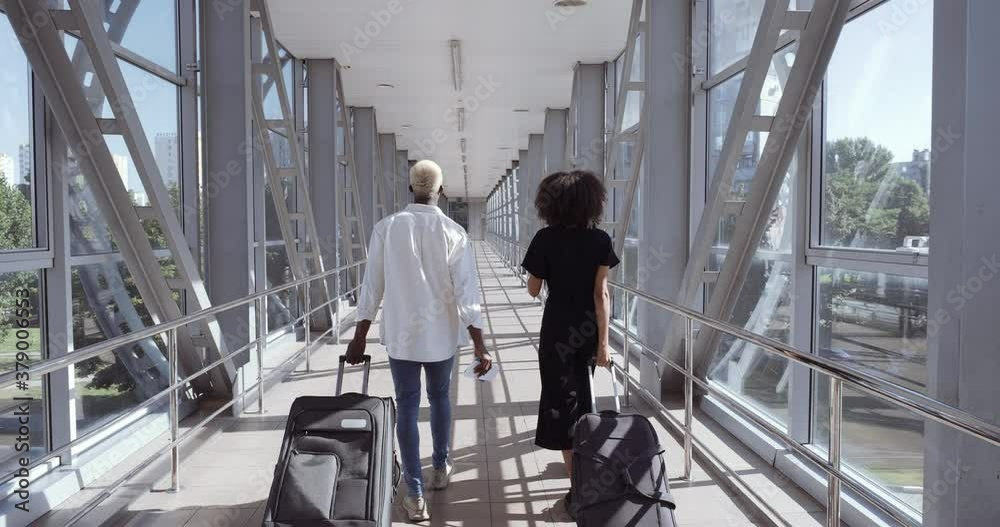 Back view of African young woman and American black man walk together talking, mixed race couple carry suitcases in airport terminal or train station, travel vacation together friends or marrieds