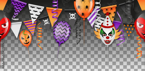 halloween seamless banner with balloons, pennants and streamers