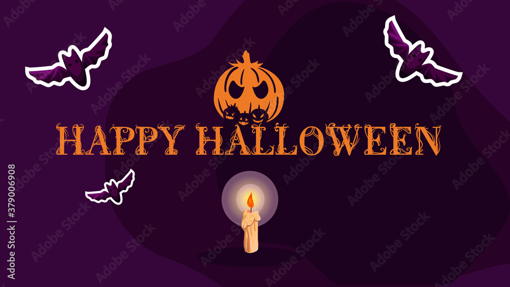 stylized poster design for Halloween. Image of a candle lighting up pumpkins and bats on a dark purple background . Perfect for postcards, flyers, invitations, banners. EPS10