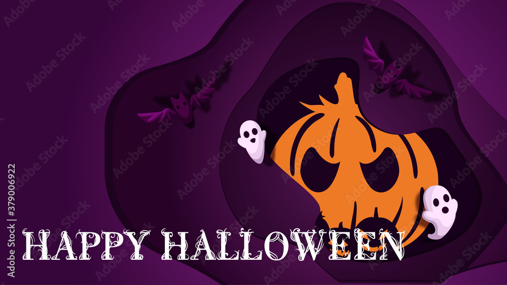 stylized poster design for Halloween. Image of pumpkin bats and ghosts on a dark purple background . Perfect for postcards, flyers, invitations, banners. EPS10