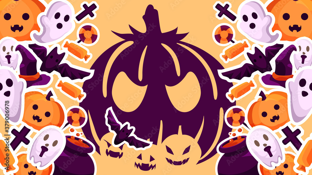 Obraz premium stylized poster design for Halloween. Image of sweets, bats, ghosts and other magical attributes on an orange background . Perfect for postcards, flyers, invitations, banners. EPS10