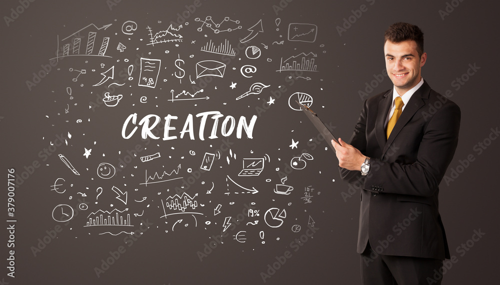 Businessman thinking with CREATION inscription, business education concept Businessman thinking with CREATION inscription, business education concept