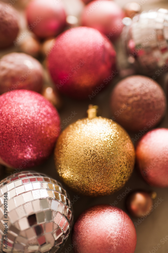 Glitter shiny Christmas decorations closeup. Winter holiday season. Selective focus. Glitter shiny Christmas decorations closeup. Winter holiday season. Selective focus.