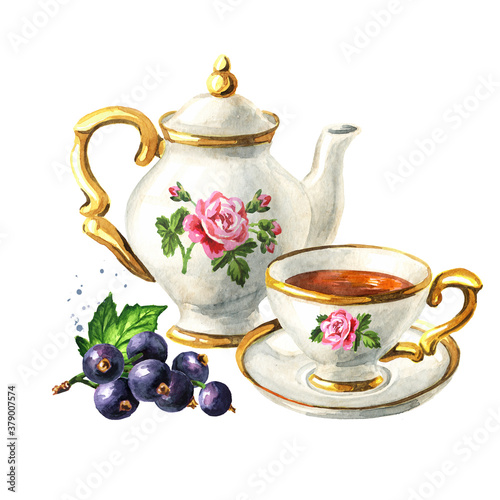 Teapot, cup of tea and Black currant. Hand drawn watercolor illustration isolated on white background