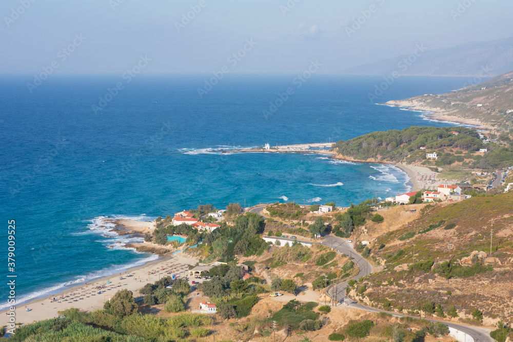 Views from above to Mesakti and Livadi beaches in ikaria, greece