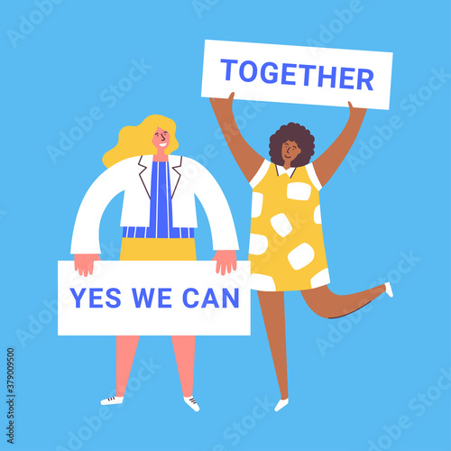 Two women different nationalities holding banners. International women day. Fighting for rights, freedom, independence, equality. People taking part in parade or rally calling on to union vector
